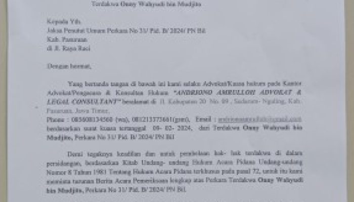 Pihak Kuasa Hukum Terdakwa Onny,Mengajukan Permintaan Turunan BAP Sesuai Pasal 72 KUHP