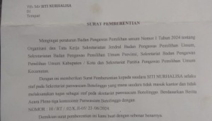 Diduga Tidak Sesuai SOP Surat Pemberhentian Staf Panwascam Botolinggo